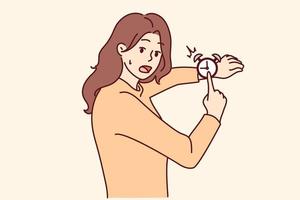 femme stressée pointant vers la montre se sentant affligée par la date limite. fille inquiète frustrée par le temps ou le rendez-vous manqué. illustration vectorielle. vecteur