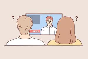 un couple confus s'assoit sur un canapé frustré par les nouvelles à la télévision. homme et femme en détresse choqués par le reportage à la télévision. propagande médiatique. illustration vectorielle. vecteur