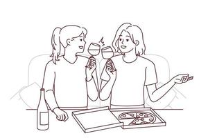 heureuses jeunes femmes assises sur un canapé à la maison en train de manger de la pizza en buvant du vin. les filles souriantes s'amusent ensemble en profitant de la nourriture et du week-end de loisirs. illustration vectorielle. vecteur