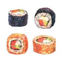 ensemble de rouleaux dessinés à la main à l'aquarelle. cuisine japonaise, isolée sur fond blanc. menu du restaurant japonais. vecteur