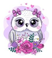 petit hibou mignon et fleurs. illustration vectorielle de dessin animé vecteur