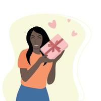 portrait d'une fille de dessin animé heureuse noire avec un cadeau dans ses mains, vecteur plat, isoler sur blanc