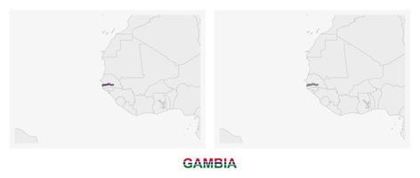 deux versions de la carte de la gambie, avec le drapeau de la gambie et surlignées en gris foncé. vecteur