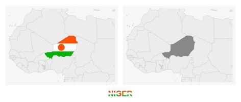 deux versions de la carte du niger, avec le drapeau du niger et surlignées en gris foncé. vecteur
