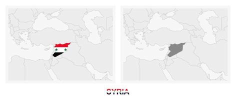 deux versions de la carte de la syrie, avec le drapeau de la syrie et surlignées en gris foncé. vecteur