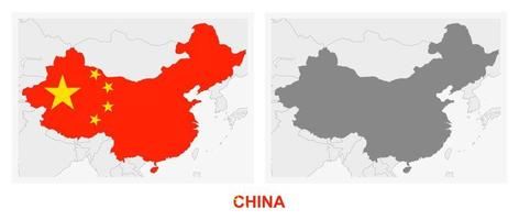 deux versions de la carte de la chine, avec le drapeau de la chine et surlignées en gris foncé. vecteur