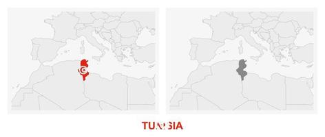 deux versions de la carte de la tunisie, avec le drapeau de la tunisie et soulignées en gris foncé. vecteur