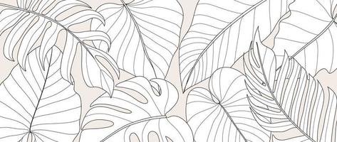 vecteur d'arrière-plan de branche de feuille d'art dessiné à la main. monstera tropical et feuilles de palmier noir blanc dessin contour style simple arrière-plan. illustration de conception pour impressions, papier peint, affiche, carte.
