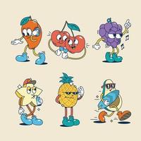 ensemble de fruits de dessin animé rétro dessinés à la main vecteur