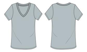 modèle vectoriel de croquis technique de t-shirt à manches courtes à col en v pour femmes. vue avant et arrière.