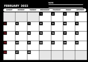 calendrier mois de fevrier pour le rabotage en mode noir a4 vecteur