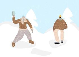 quelques personnes jouent à un jeu amusant de boules de neige en illustration vectorielle de paysage de neige d'hiver. personnages d'amis de dessin animé jouant à l'extérieur, profitant du froid glacial. activité hivernale saine vecteur