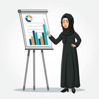 personnage de dessin animé de femme d'affaires arabe en vêtements traditionnels faisant une présentation vecteur