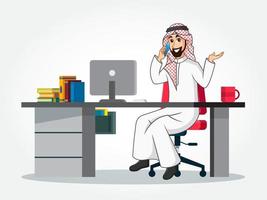 personnage de dessin animé d'homme d'affaires arabe en vêtements traditionnels assis à son bureau, parlant au téléphone intelligent vecteur