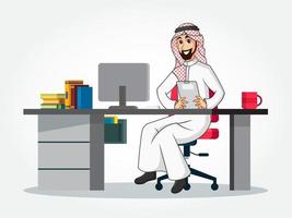 personnage de dessin animé d'homme d'affaires arabe en vêtements traditionnels assis à son bureau, tenant un presse-papiers vecteur