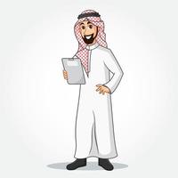 personnage de dessin animé d'homme d'affaires arabe en vêtements traditionnels tenant un presse-papiers vecteur