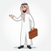 personnage de dessin animé d'homme d'affaires arabe en vêtements traditionnels tenant une mallette avec des mains accueillantes vecteur