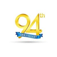 Logo du 94e anniversaire d'or avec ruban bleu isolé sur fond blanc. logo d'anniversaire d'or 3d vecteur