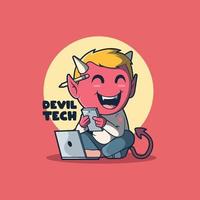 petit personnage de diable jouant à l'illustration vectorielle de téléphone. technologie, diable, concept de design technologique. vecteur