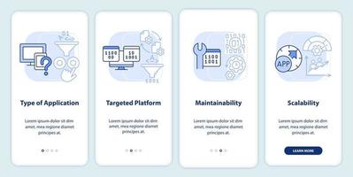 critères de choix du langage de programmation écran d'application mobile d'intégration bleu clair. pages d'instructions en 4 étapes avec des concepts linéaires. ui, ux, modèle gui vecteur