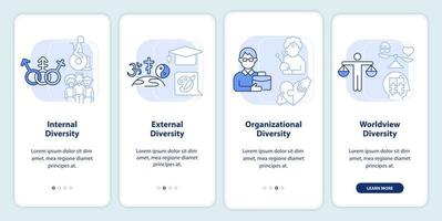 écran d'application mobile d'intégration bleu clair de diversité en milieu de travail. procédure pas à pas en 4 étapes instructions graphiques modifiables avec des concepts linéaires. ui, ux, modèle gui vecteur