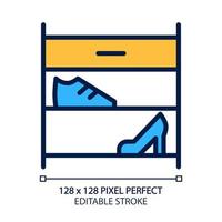 étagère à chaussures icône de couleur RVB parfaite pixel. organisateur de stockage de chaussures. magasin de meubles contemporains modernes. rayonnage. illustration vectorielle isolée. dessin au trait rempli simple. trait modifiable vecteur