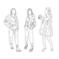 trois filles dans différents styles de vêtements. style linéaire. illustration vectorielle. vecteur