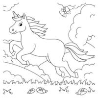 la licorne saute sur l'herbe. page de livre de coloriage pour les enfants. personnage de style dessin animé. illustration vectorielle isolée sur fond blanc. vecteur