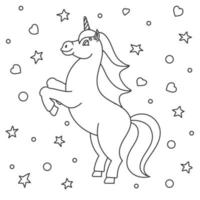 livre de coloriage pour les enfants. la licorne magique se cabra. le cheval animal se tient sur ses pattes arrière. style de bande dessinée. illustration vectorielle plane simple.