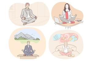 méditation, relaxation, atteindre l'harmonie pendant la journée de travail et avant le concept de sommeil. jeunes hommes et femmes méditant et pratiquant la relaxation du yoga en position du lotus au bureau et à la maison au lit vecteur