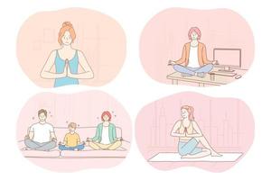 yoga, relaxation, méditation, concept de mode de vie sportif actif sain. jeunes familles, hommes, femmes pratiquant le yoga et méditant à la maison ou au bureau pendant les pauses. remise en forme, détente, harmonie, paix