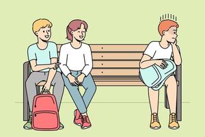 les enfants grossiers se moquent du garçon solitaire. écoliers intimidant un enfant assis séparément sur un banc. moquerie et discrimination à l'école. illustration vectorielle. vecteur