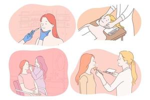 cosmétologie, dermatologie, maquillage, massage, concept de soins de la peau. personnages de dessins animés de jeunes femmes recevant des procédures d'injection de beauté, de massage facial, de maquillage professionnel de médecins et d'esthéticiennes vecteur