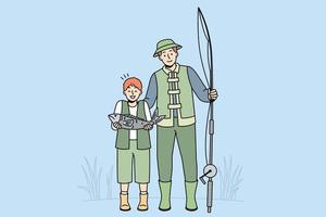 père souriant et petit fils en costumes kaki spéciaux posant avec des poissons. heureux papa et enfant excités par la pêche après avoir pêché ensemble. passe-temps. illustration vectorielle. vecteur