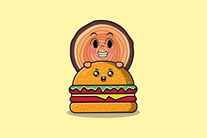 personnage de dessin animé mignon tronc de bois se cachant dans un burger vecteur