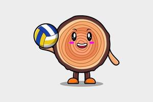 personnage de tronc de bois de dessin animé mignon jouer au volleyball vecteur