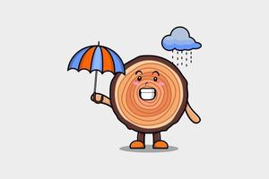 tronc de bois de dessin animé mignon sous la pluie à l'aide d'un parapluie vecteur