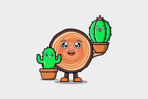 tronc de bois de dessin animé mignon tenant un pot de plante de cactus vecteur