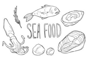 illustration d'art de ligne de doodle de fruits de mer. clipart vectoriel dessiné à la main. logos de jeu de bannières.