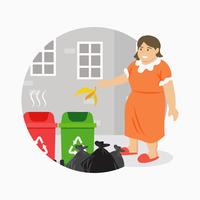 Femme jetant des ordures dans l'illustration de la corbeille vecteur