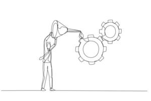 dessin d'un homme d'affaires huilant la roue dentée pour le faire fonctionner correctement métaphore du contrôle et de la gestion de la qualité. dessin au trait continu vecteur