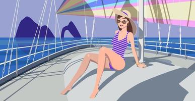 une fille en maillot de bain est assise sur un yacht sur fond de mer. vecteur. vecteur