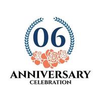 logo du 06e anniversaire avec couronne de rose et de laurier, modèle vectoriel pour la célébration d'anniversaire.