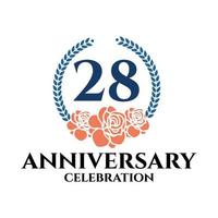 Logo du 28e anniversaire avec couronne de rose et de laurier, modèle vectoriel pour la célébration d'anniversaire.