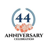 Logo du 44e anniversaire avec couronne de rose et de laurier, modèle vectoriel pour la célébration d'anniversaire.