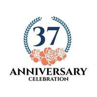 Logo du 37e anniversaire avec couronne de rose et de laurier, modèle vectoriel pour la célébration d'anniversaire.