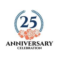 Logo du 25e anniversaire avec couronne de rose et de laurier, modèle vectoriel pour la célébration d'anniversaire.