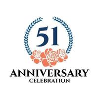 Logo du 51e anniversaire avec couronne de rose et de laurier, modèle vectoriel pour la célébration d'anniversaire.