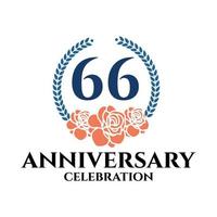 Logo du 66e anniversaire avec couronne de rose et de laurier, modèle vectoriel pour la célébration d'anniversaire.