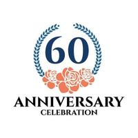 Logo du 60e anniversaire avec couronne de rose et de laurier, modèle vectoriel pour la célébration d'anniversaire.